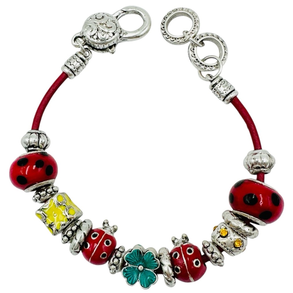 Ladybug Slide Charm On Leather Cord Bracelet